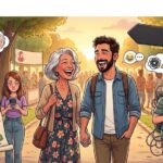 Een gedetailleerde cartoon-illustratie van een park-scène met contrasten: een boze oudere man met verrekijker en een landkaart, een vrolijk lachend koppel, en twee gestresste jongeren die worstelen met kabels en een planning, met veel tekst-loze gedachtenbubbels