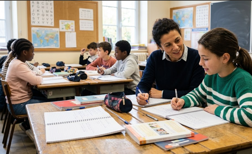 Een foto in een klaslokaal waar een glimlachende lerares zich vriendelijk over een jonge leerling in een groen-wit gestreepte trui buigt om haar te helpen met schrijven in haar schrift, terwijl andere kinderen op de achtergrond aan hun tafels werken. https://www.labonnecopine.com/