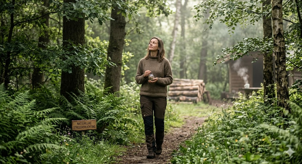 Natuurlijke stressverlichting : Een vrouw in een bos op een mistige ochtend, met gesloten ogen en een rustige uitdrukking, omringd door varen en bomen, die haar hand op haar borst houdt.