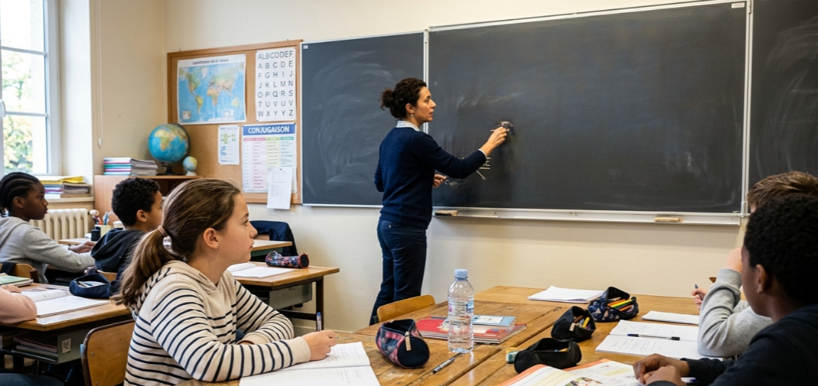 Een foto van een lerares in profiel die op een groot schoolbord schrijft terwijl een groep multiculturele leerlingen, gezeten aan houten bankjes, aandachtig luistert in een klaslokaal. https://www.labonnecopine.com/