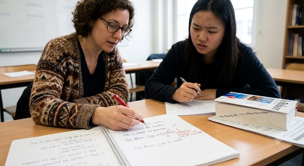 Une photo en gros plan dans une salle de classe où une enseignante aux cheveux bruns bouclés et un stylo rouge corrige une erreur de grammaire française dans le cahier d'une jeune étudiante asiatique, qui regarde avec une expression confuse. L'enseignante a barré la phrase "Des fleurs, j'en ai cueillies" et entouré le 's' de 'cueillies'. https://www.labonnecopine.com/