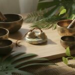 Tingshas et cloches tibétaines disposées sur une table en bois clair entourées de feuilles vertes sous une lumière douce naturelle