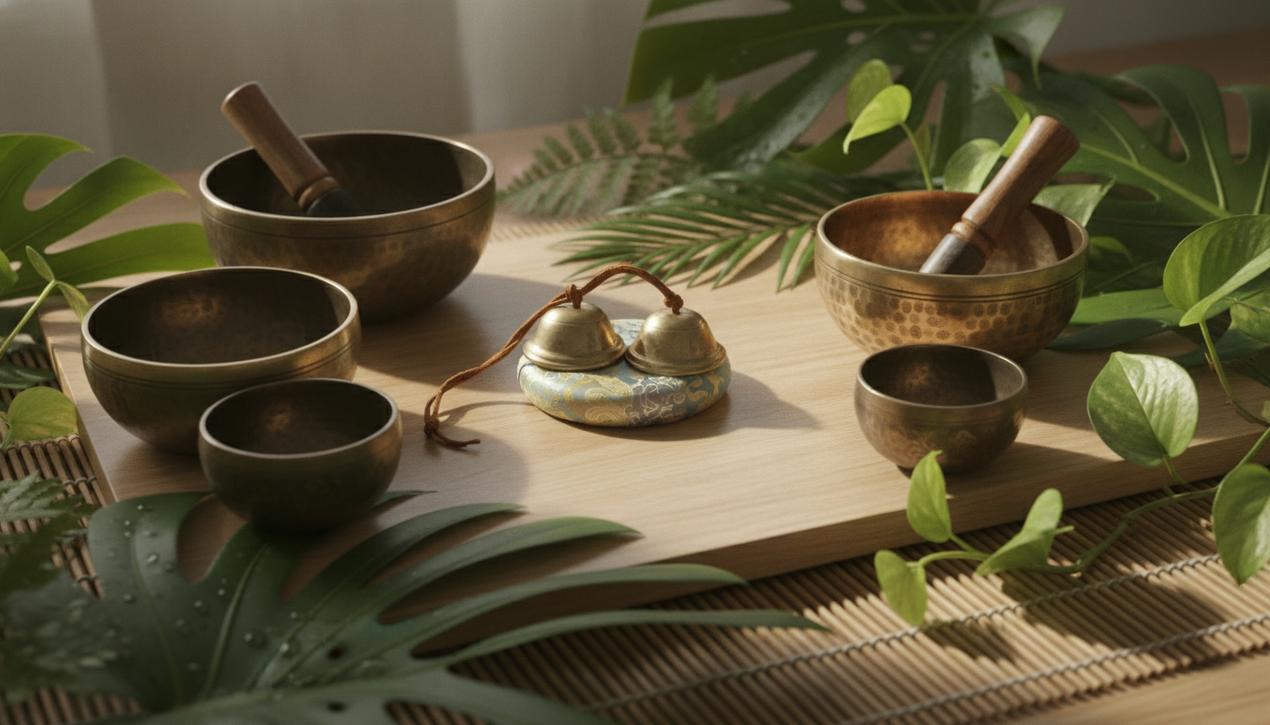 Tingshas et cloches tibétaines disposées sur une table en bois clair entourées de feuilles vertes sous une lumière douce naturelle
