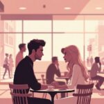 A man and a woman holding hands and looking lovingly at each other in a cozy, modern coffee shop - Un homme et une femme se tenant la main et se regardant tendrement dans un café moderne et chaleureux.