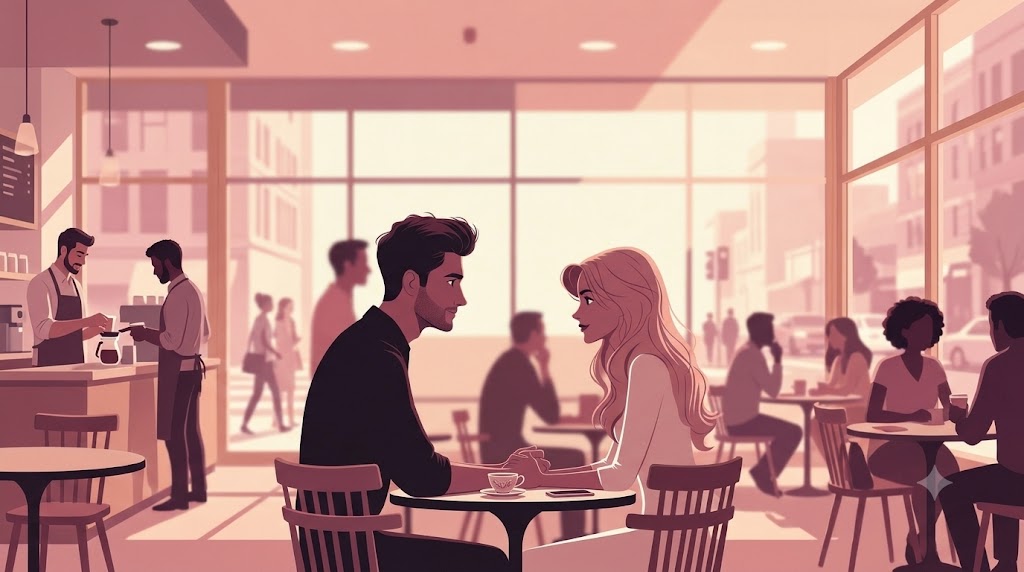 A man and a woman holding hands and looking lovingly at each other in a cozy, modern coffee shop - Un homme et une femme se tenant la main et se regardant tendrement dans un café moderne et chaleureux.