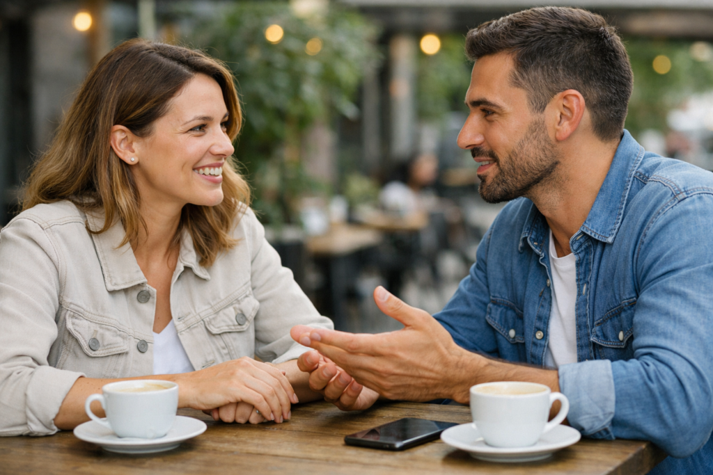 Een glimlachend koppel dat elkaars hand vasthoudt en een warm gesprek voert bij een kop koffie op een terras.com
