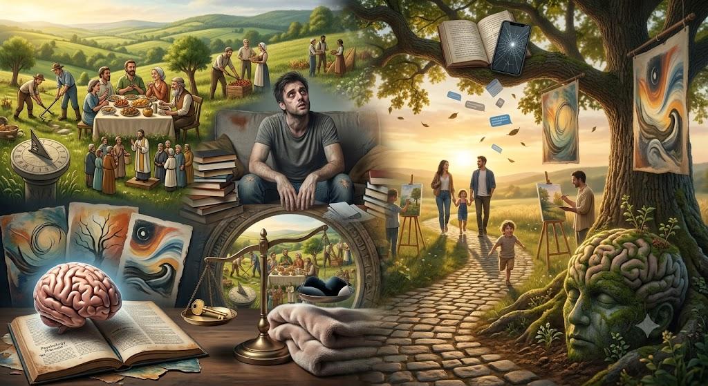 Surreal collage of learning and imagination: people gathering, books, art, a brain, and a glowing path.