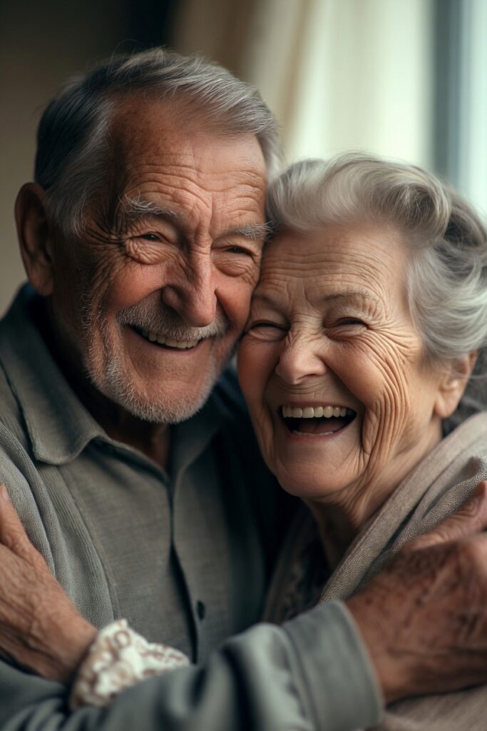 An elderly couple laughing joyfully while warmly embracing each other.com