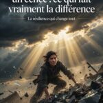 Femme déterminée se relevant d’un champ de débris et de verre brisé, grimpant vers une lumière dorée qui perce les nuages d’orage
