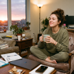 Femme détendue dans son salon après un défi 7 jours pour maigrir, adoptant une approche durable du bien-être.