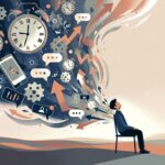 Calm person sitting while a storm of clocks, phones and performance icons dissolves into light