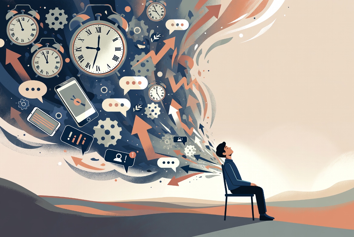 Calm person sitting while a storm of clocks, phones and performance icons dissolves into light