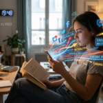 Une femme assise à un bureau à domicile lit un livre tout en regardant son smartphone.