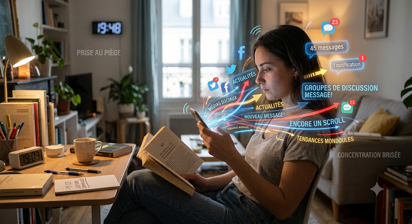 Une femme assise à un bureau à domicile lit un livre tout en regardant son smartphone.