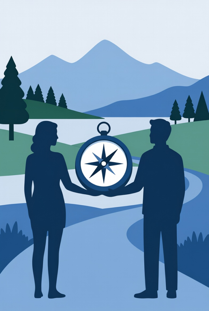 Two people in silhouette hold a large compass between them, set against a blue mountain landscape with a lake and trees.