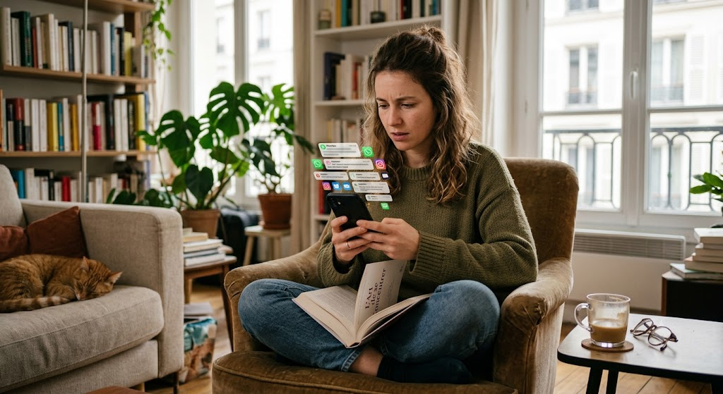 Une femme assise dans un fauteuil, un livre ouvert sur ses genoux, regarde son smartphone avec une expression de distraction et de confusion. Au-dessus de son t&eacute;l&eacute;phone flottent de nombreuses ic&ocirc;nes de notifications de r&eacute;seaux sociaux et de messageries (WhatsApp, Instagram, etc.). Un chat dort sur le canap&eacute; en arri&egrave;re-plan dans un salon lumineux. - Woman in a green sweater sits in a cozy living room, reading a book while looking at her smartphone with floating app icons.