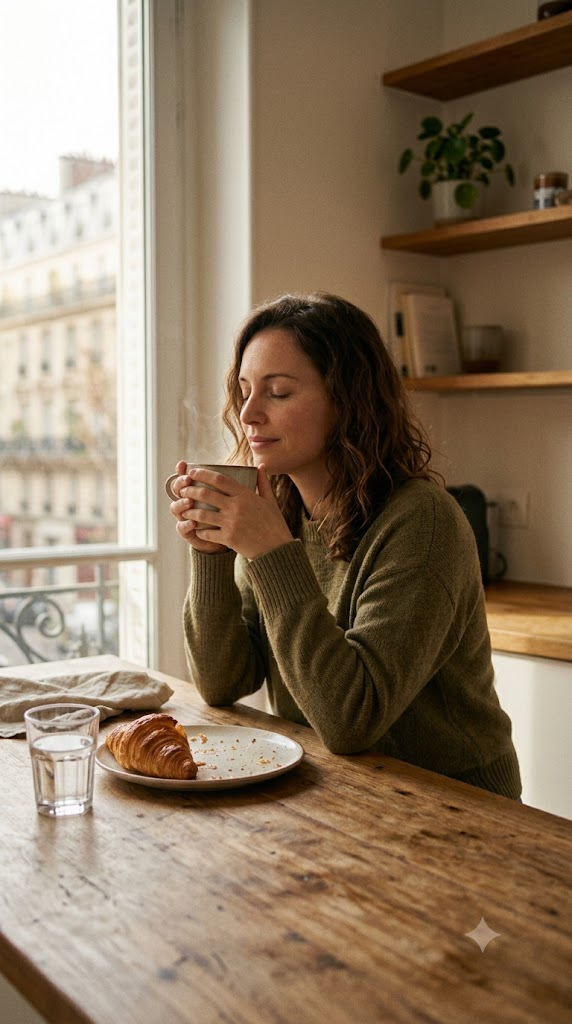 Photographie verticale en gros plan d'une femme souriant les yeux ferm&eacute;s, tenant une tasse de caf&eacute; fumante contre son visage pour en inhaler l'ar&ocirc;me. Elle est assise &agrave; une table en bois rustique dans une cuisine lumineuse. Sur la table se trouvent un croissant sur une assiette et un verre d'eau. La fen&ecirc;tre en arri&egrave;re-plan donne sur une rue de Paris avec des immeubles classiques en pierre de taille. Elle porte un pull en tricot vert olive. La sc&egrave;ne est chaleureuse et paisible. - Woman sitting at a wooden kitchen table by a sunlit window, holding a mug with both hands, croissant on a plate nearby.