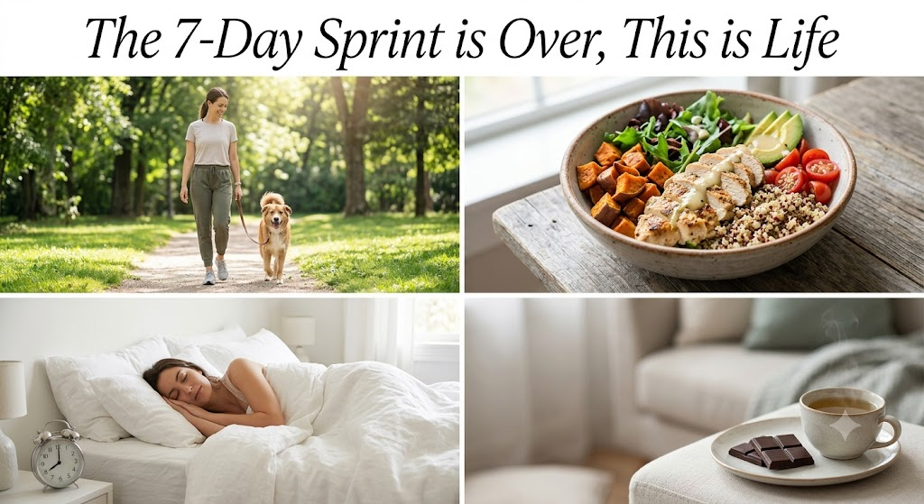Moodboard style lifestyle divis&eacute; en quatre vignettes illustrant une routine saine et &eacute;quilibr&eacute;e : marche en plein air avec un chien, bol repas &eacute;quilibr&eacute; prot&eacute;in&eacute;, sommeil r&eacute;parateur et pause th&eacute; avec chocolat. - Collage: woman walking a dog in a sunny park; bowl of healthy grain bowl with veggies; woman asleep in a white bed; coffee with chocolate on a plate on a couch table.