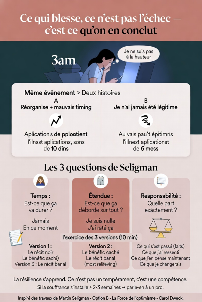 Infographic en fran&ccedil;ais sur la r&eacute;silience: citation en haut, fille devant un &eacute;cran et deux sc&eacute;narios A et B c&ocirc;t&eacute; texte. - Infographie r&eacute;silience apr&egrave;s un &eacute;chec : les 3 questions de Seligman (temps, &eacute;tendue, responsabilit&eacute;) et l&rsquo;exercice des 3 versions pour transformer le r&eacute;cit noir en r&eacute;cit banal
