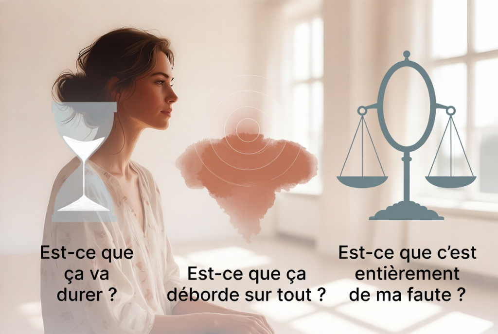 Femme pensive face aux trois questions de Seligman : dur&eacute;e, &eacute;tendue et responsabilit&eacute; face &agrave; l&rsquo;&eacute;chec
