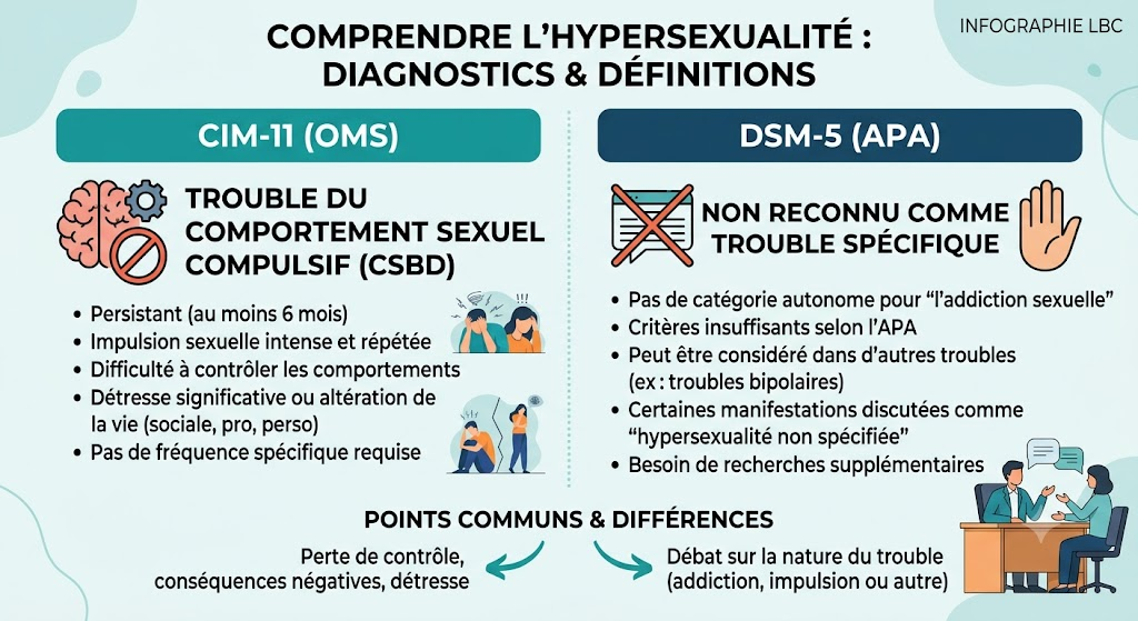 Schéma comparatif de l'hypersexualité selon la CIM-11 (trouble du comportement sexuel compulsif) et le DSM-5.