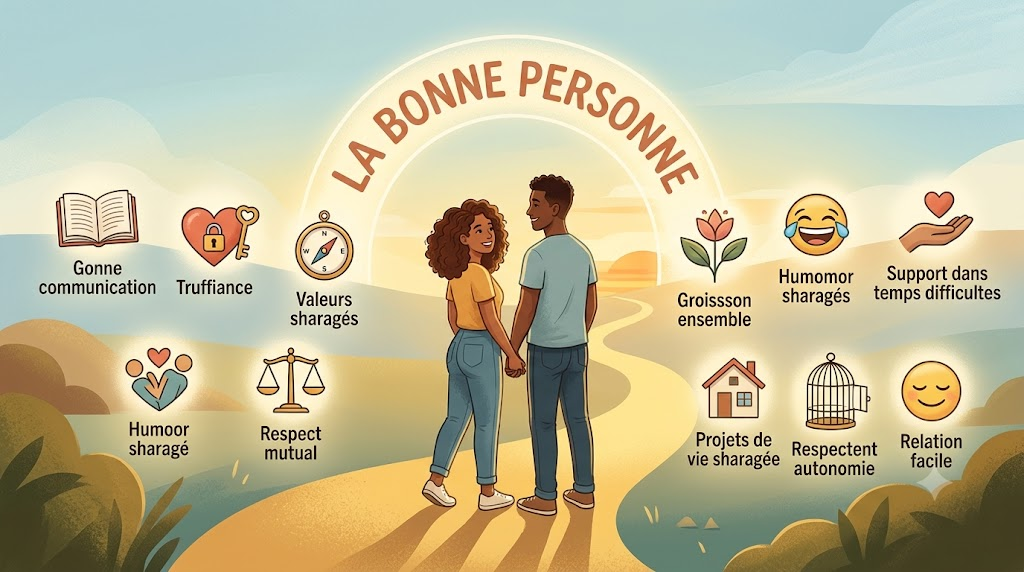Illustration des 10 signes clés pour savoir si c'est la bonne personne dans une relation de couple saine et épanouie. - Couple holding hands on a sunlit path, surrounded by icons and French captions about healthy relationship values.