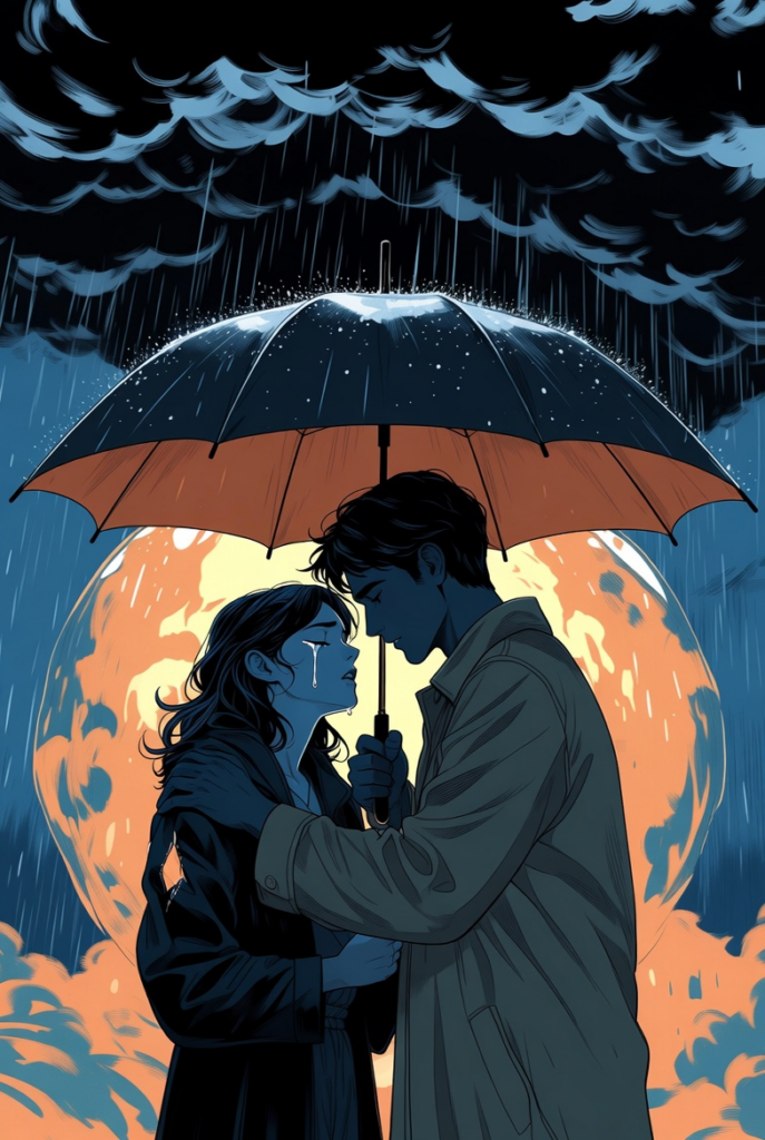 Two people share a close moment under a large umbrella in heavy rain, moonlit clouds behind them, one person tears up.