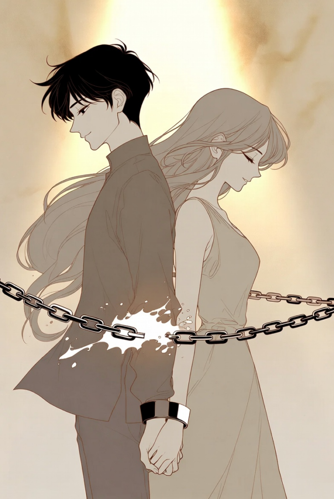 Stylized illustration of a man and woman standing back-to-back, holding hands, with a chain barrier between them symbolizing separation.