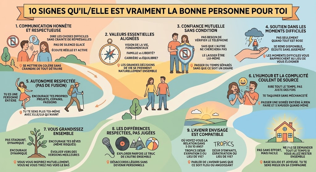 Infographie détaillant les 10 signes qu'il ou elle est la bonne personne dans une relation amoureuse.