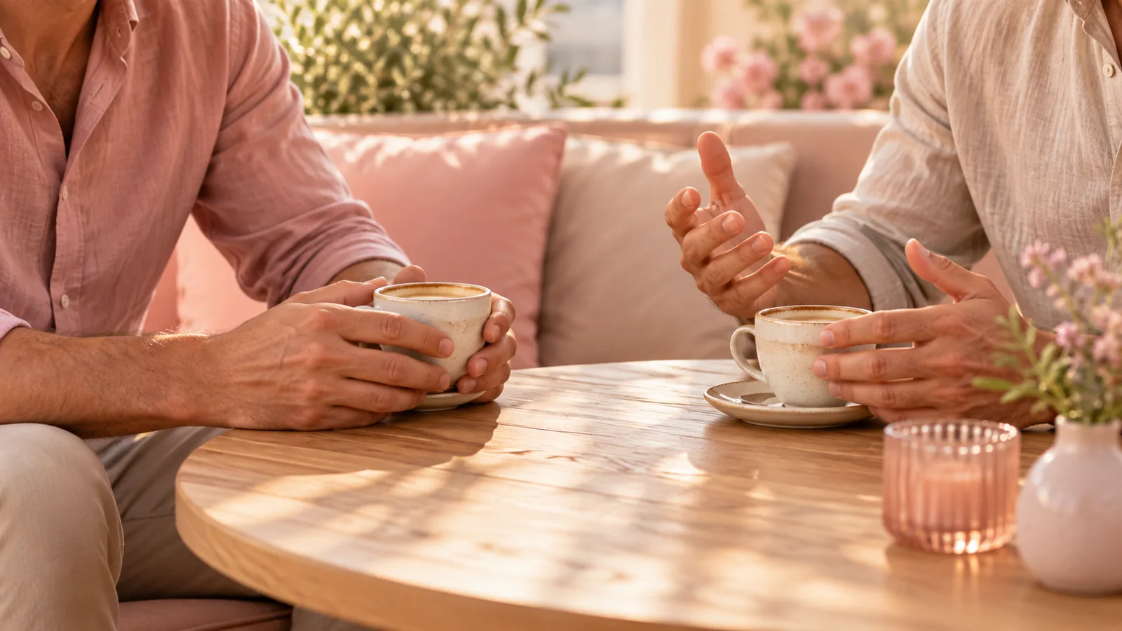 Deux amis en terrasse autour d’un café, l’un écoute l’autre se confier