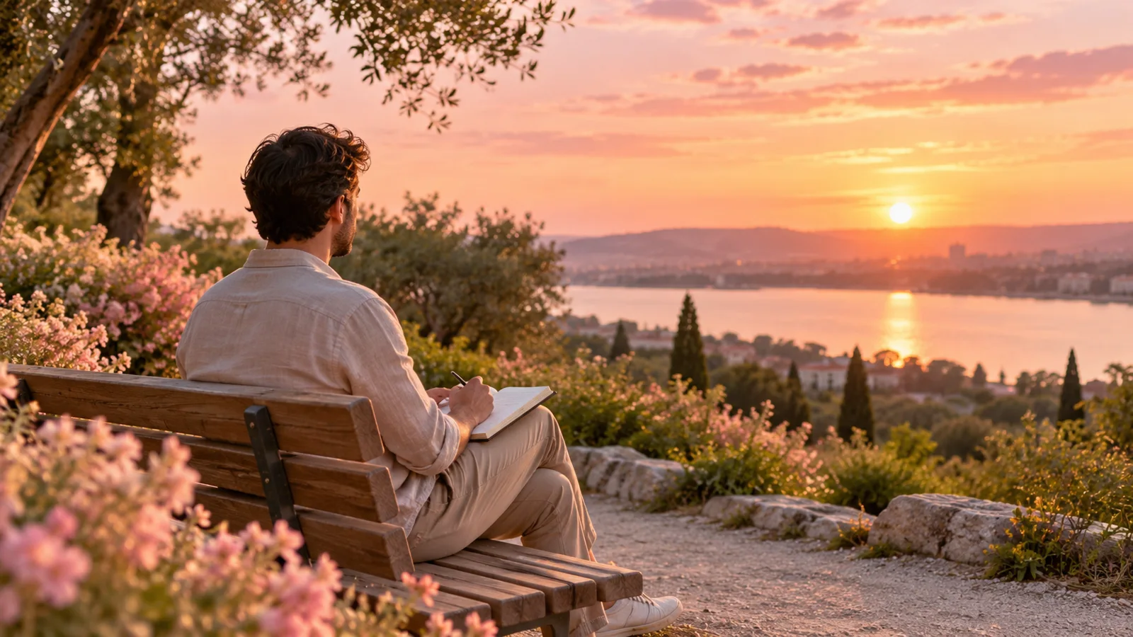 Homme sur un banc au coucher du soleil, carnet ouvert, posture calme