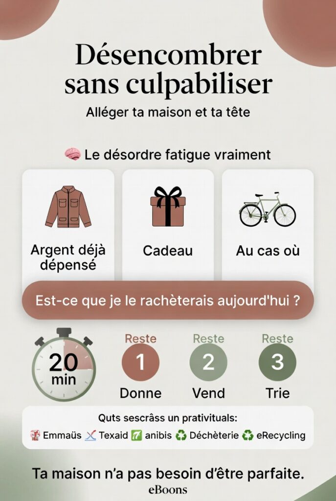 Écran d’application de désencombrement avec trois options: Argent déjà dépensé, Cadeau, Au cas où, et une question centrale sur l’achat futur, minuterie et statuts Donne/Vend/Tri. - Infographie : Désencombrer sans culpabiliser – méthode douce en 20 minutes pour alléger sa maison et sa tête