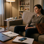 Une femme est assise seule dans un salon, visiblement préoccupée, près d’un bureau rempli de documents et d’un ordinateur | eBoons
