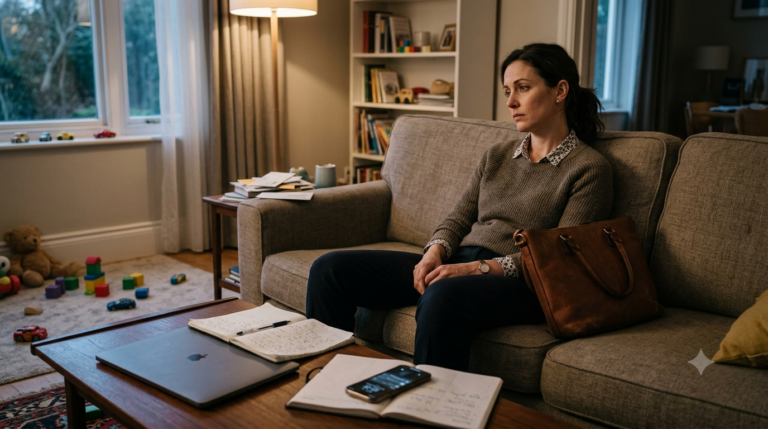 Une femme est assise seule dans un salon, visiblement préoccupée, près d’un bureau rempli de documents et d’un ordinateur | eBoons