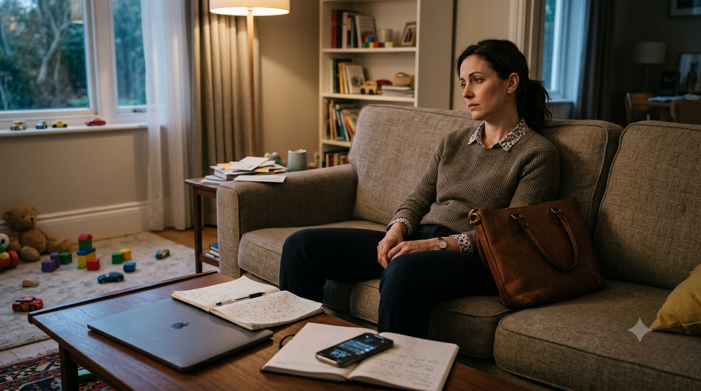 Une femme est assise seule dans un salon, visiblement préoccupée, près d’un bureau rempli de documents et d’un ordinateur | eBoons