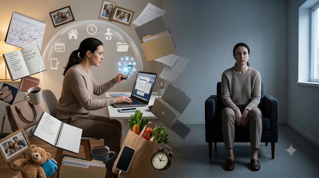 Une femme travaille à son bureau tandis qu’un espace mental illustré affiche la gestion quotidienne, les fichiers et les repères de temps | eBoons