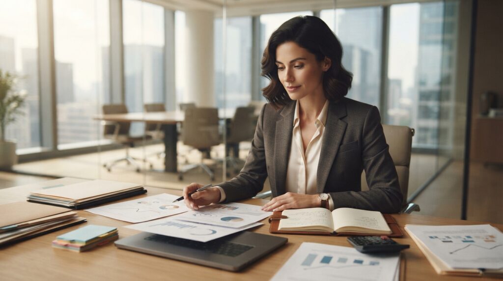 Femme d’affaires analysant des graphiques financiers à son bureau | La Bonne Copine