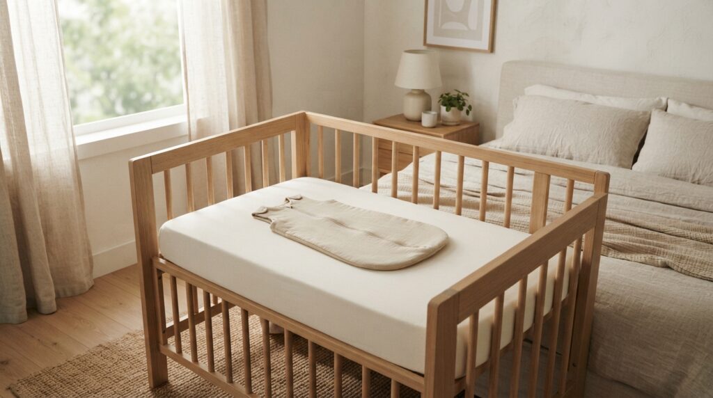 Lit bébé en bois, drap beige et ambiance lumineuse aux tons naturels | La Bonne Copine