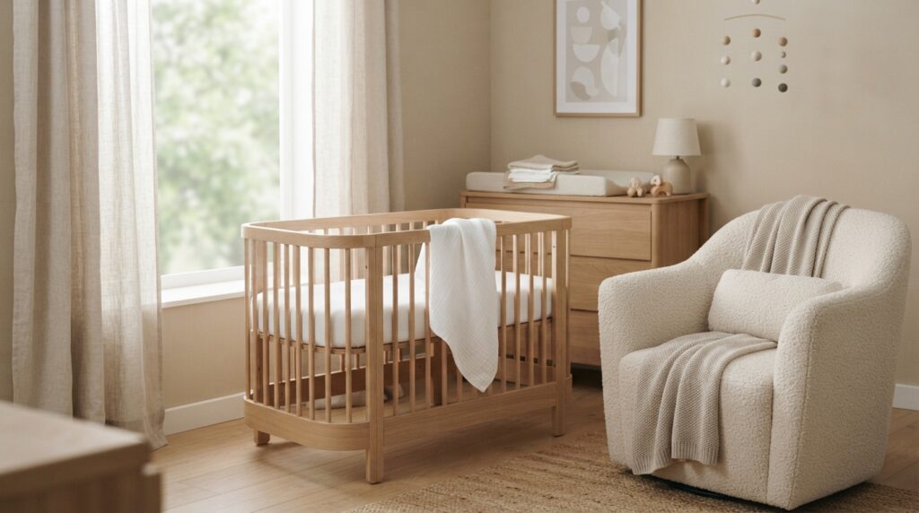 Chambre de bébé lumineuse avec un lit à barreaux en bois et un fauteuil confortable | La Bonne Copine