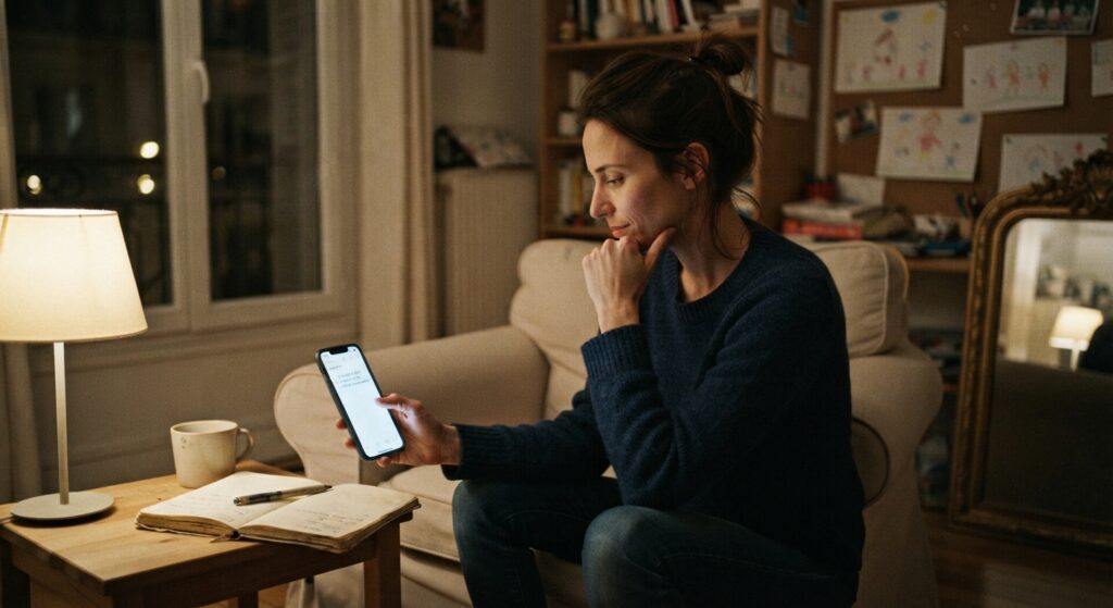 Une femme est assise dans le salon, regarde un t&eacute;l&eacute;phone et lit au calme | La Bonne Copine 
