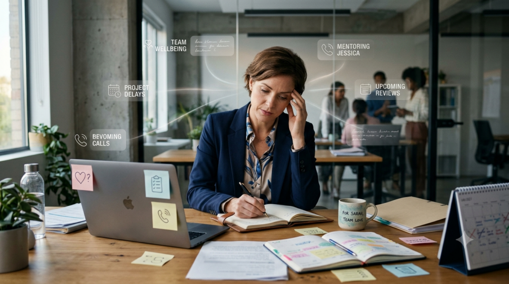 Femme cadre stressée à son bureau, entourée d’étiquettes de charge mentale (projet, mentoring, appels, reviews…), pendant que ses collègues discutent en arrière-plan | eBoons