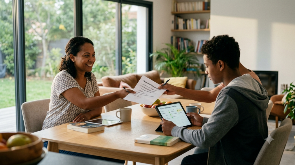 Une mère souriante, assise à une table, transmet un document papier à son fils adolescent. Devant le jeune homme se trouve une tablette affichant un emploi du temps. L'image symbolise la délégation des tâches et le partage concret des responsabilités au sein du foyer pour réduire la charge mentale de la mère. | La Bonne Copine