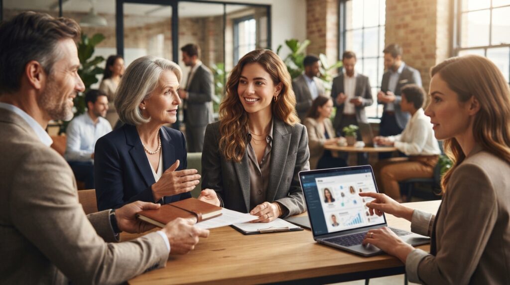 Équipe diverse en réunion autour d’un ordinateur dans un espace de coworking | La Bonne Copine