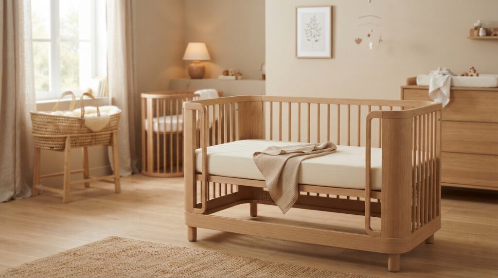 Lit bébé en bois beige, dans une chambre claire et apaisante | La Bonne Copine