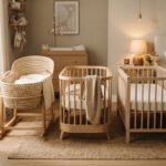 Coin bébé chaleureux : berceau et nacelle en bois sur un tapis | La Bonne Copine