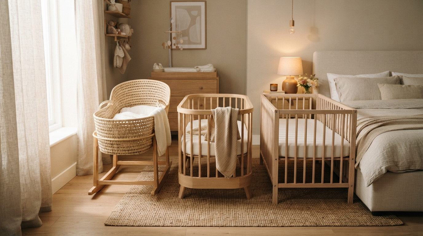 Coin bébé chaleureux : berceau et nacelle en bois sur un tapis | La Bonne Copine