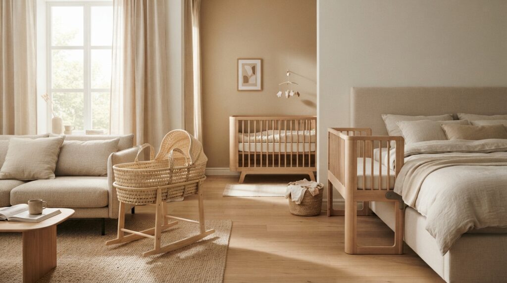 Chambre bébé lumineuse avec berceau et nacelle en bois, tons beige et crème | La Bonne Copine
