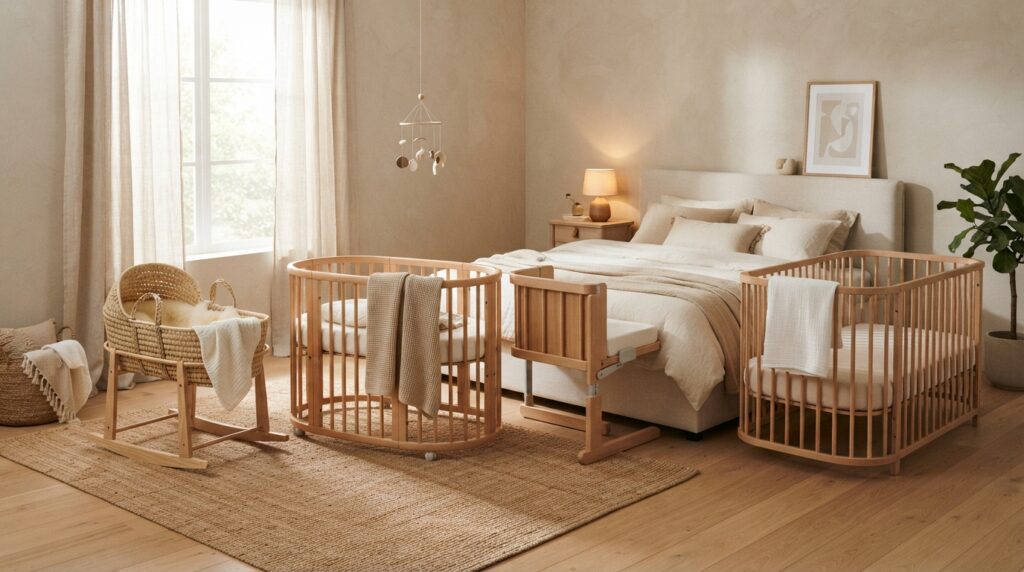 Chambre parentale avec un couffin, un berceau rond, un cododo et un lit à barreaux | La Bonne Copine