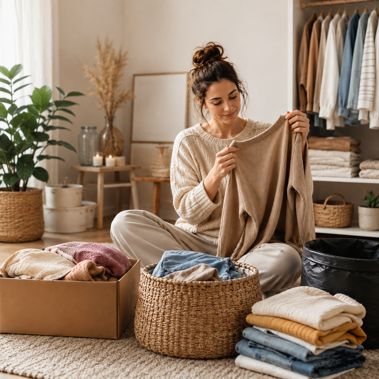 Femme en tricot dans un intérieur chaleureux, tenant un plaid beige parmi des vêtements et cartons | La Bonne Copine