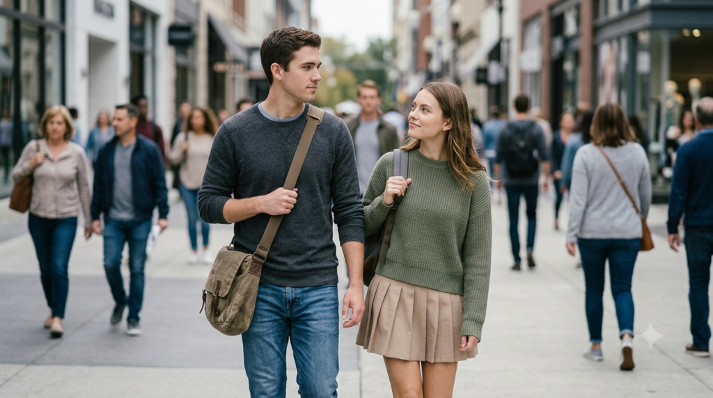 Un jeune couple marche dans une rue anim&eacute;e, en discutant, au milieu de passants | eBoons
